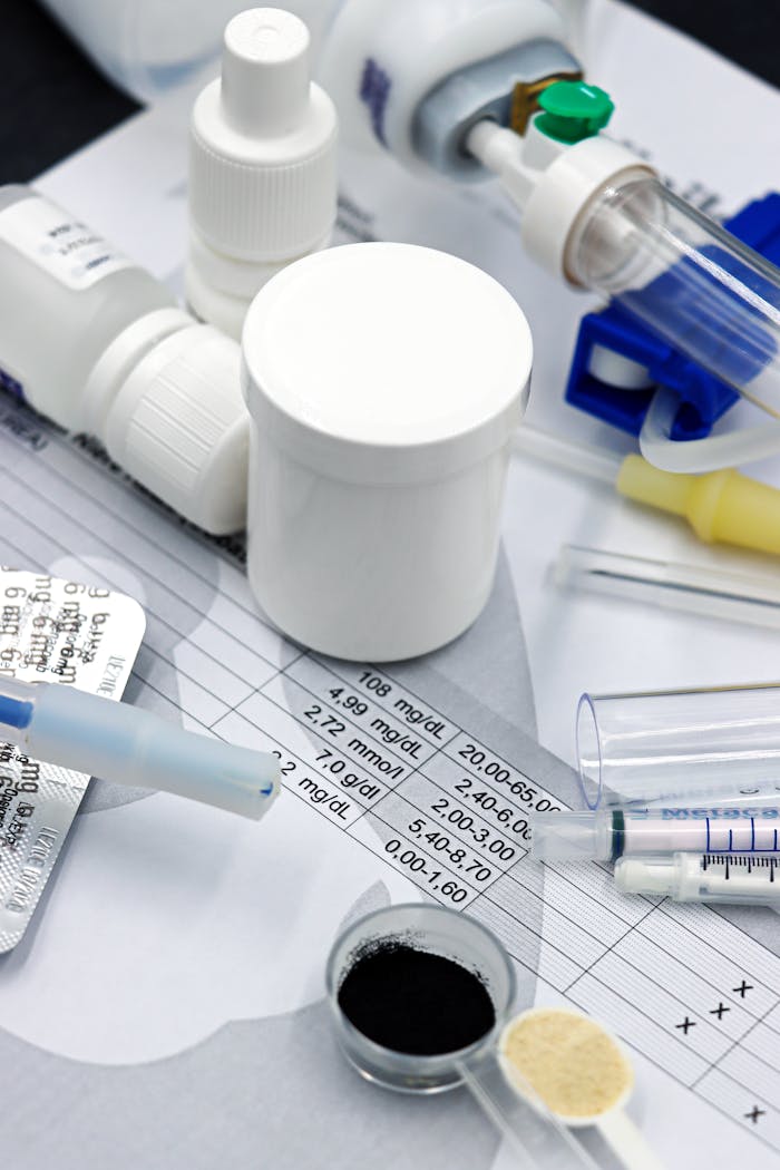 Close-up of medical supplies and test results related to veterinary care and pet health.