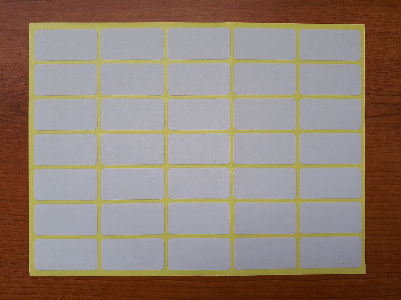 Sheet of white pressure-sensitive adhesive labels on backing paper